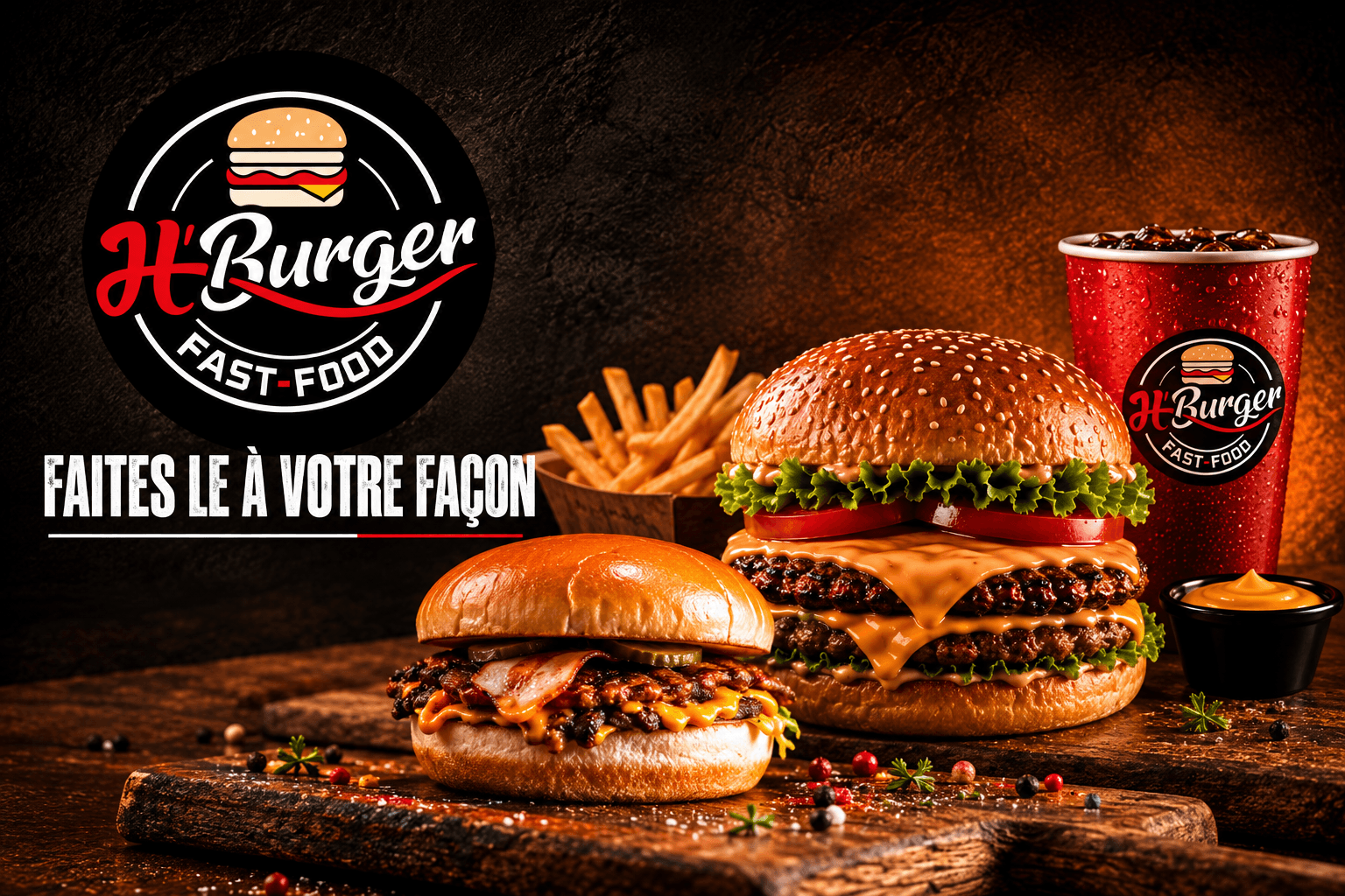H’Burger — deux burgers sur planche, frites, soda et sauce cheddar : « Faites-le à votre façon »